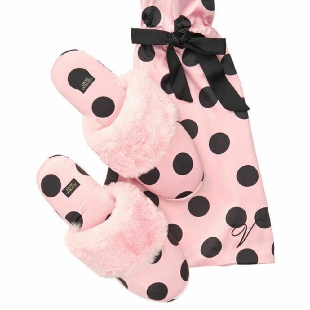 Victoria's Secret Satin Slippers Pink Dots M (7-8)